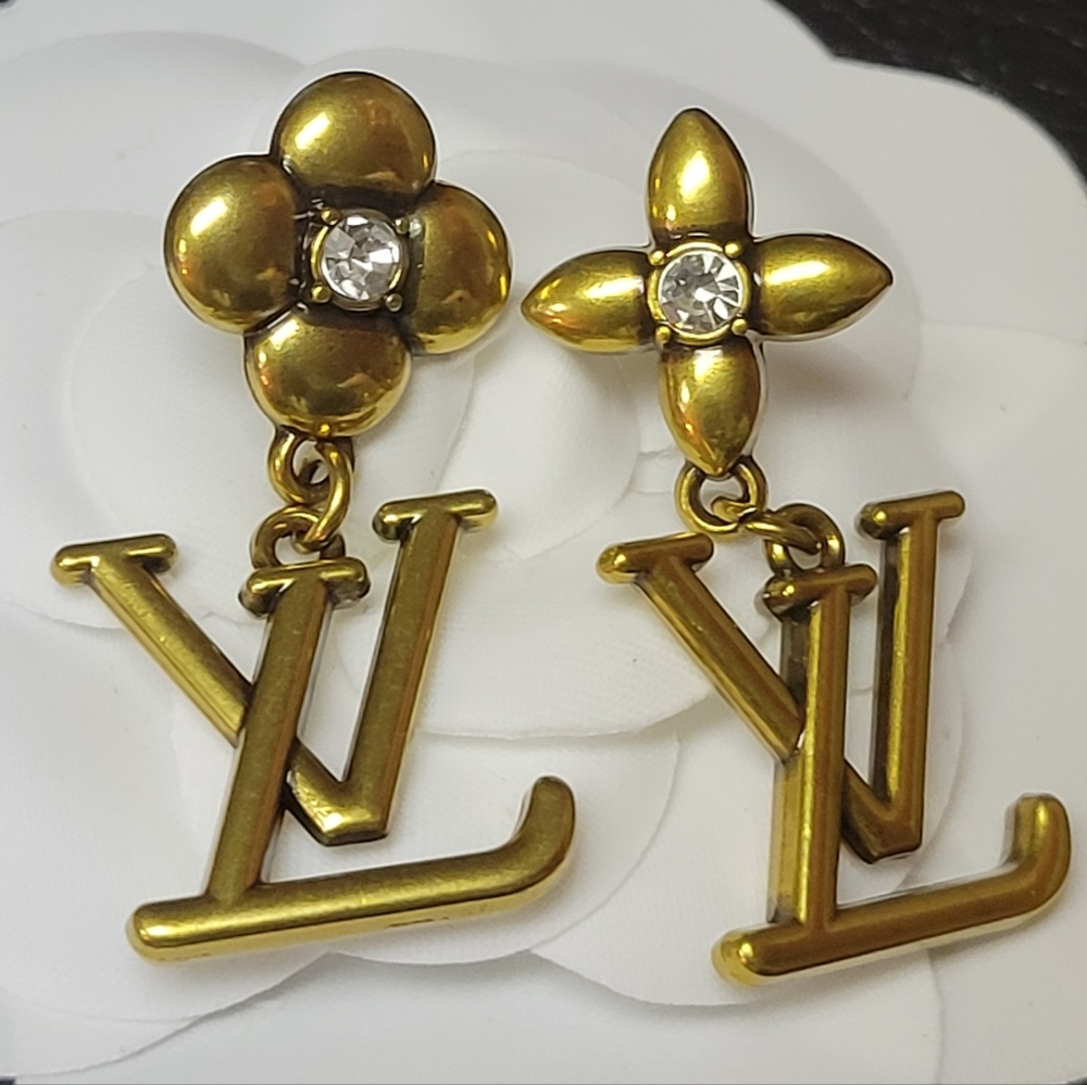 GWP Antique Gold LV Monogram Drop Earrings - Picture 2 of 3